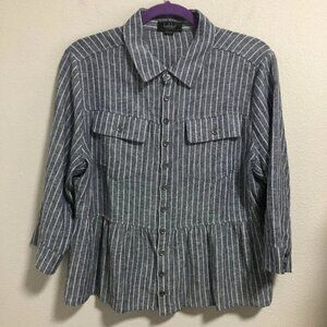 Belldini Women Linen Blend Ruffle Bottom Top Button Stripe Shirt Size Large